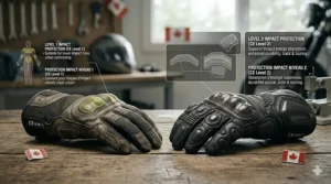 An infographic explaining CE Level 1 vs Level 2 motorcycle gloves standards in English and French (gants de moto homologués CE).