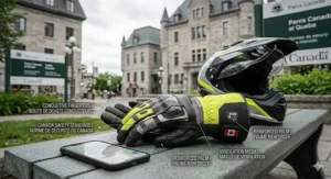 Photorealistic illustration of a motorcycle glove in Quebec City featuring a bilingual 'CANADA SAFETY STANDARD' label and Canadian flag detail.