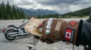 High-quality riding gloves for Harley Davidson riders featuring a subtle Canadian maple leaf detail for local pride.