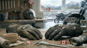 Comparison of lightweight CE Level 1 gloves for city commuting in Toronto vs full-gauntlet Level 2 gloves for track days.