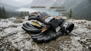 Top-down view of dual-sport adventure motorcycle gloves on a map of Canada with bilingual text: Tested in Canada / Testé au Canada.