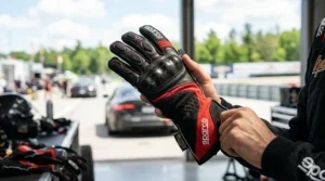 Close-up of fire-resistant track day gloves featuring reinforced carbon-fiber knuckles for enhanced driver safety.