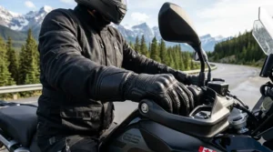 Sizing guide for men's and women's gauntlet motorcycle gloves with measurements in inches and centimeters for Canadian buyers.