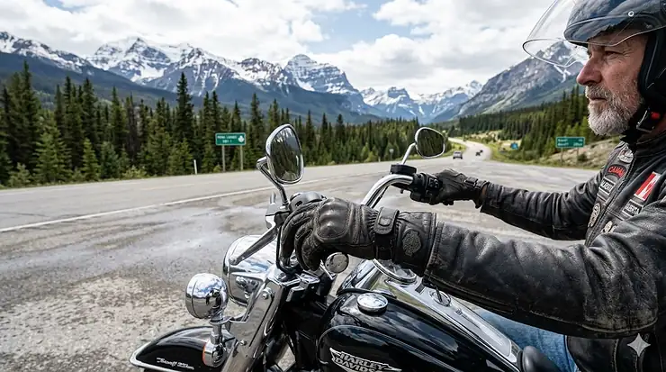 A Canadian rider wearing durable leather gloves for Harley Davidson riders while cruising through the scenic mountain passes of Alberta.