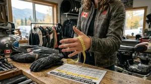 Illustration showing how to wrap a soft measuring tape around the palm to find the correct motorcycle glove size.