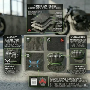 Diagram highlighting the high-tensile kangaroo leather used in professional-grade sport riding motorcycle gloves.