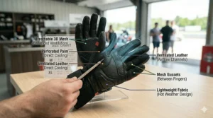 Infographic of track day gloves highlighting premium materials like kangaroo leather, Nomex lining, and Kevlar stitching.