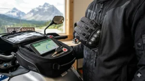 Illustration showing how lightweight mesh motorcycle gloves easily tuck into a jacket pocket or tank bag.