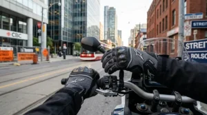 Stylized graphic of urban-style mesh motorcycle gloves, ideal for commuting in downtown Toronto or Vancouver.