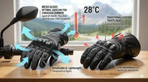 Comparison chart showing why mesh motorcycle gloves are superior for breathability over heavy leather in peak Canadian summer.