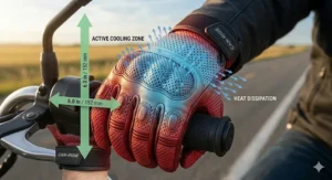 Thermal heat map illustration showing how ventilated motorcycle gloves dissipate heat during peak July temperatures in the Prairies.