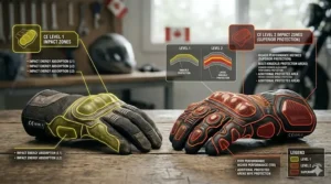 Illustration of impact protection zones on motorcycle gloves, highlighting why CE Level 2 offers superior knuckle and palm sliders.