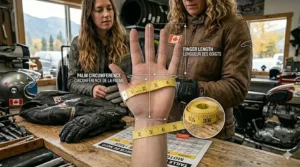 A clear graphic of a hand with a highlighted circumference line, essential for accurate motorcycle glove size selection.