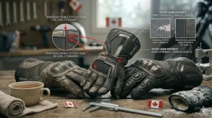 Technical illustration showing the reinforced double-stitching required for CE Level 2 motorcycle gloves to prevent bursting during a fall.