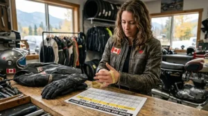 A Canadian rider measuring their hand width against a sizing chart for leather motorcycle gloves, blurred maple leaf background.