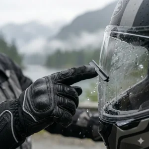 Detail shot of a finger visor wiper on waterproof touring motorcycle gloves, essential for heavy Canadian mist.