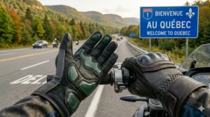 Alt text for image 8: Protective motorcycle gloves for long rides resting on a seat near a "Bienvenue au Québec" road sign.
