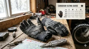 Detailed sizing chart for Canadian men’s and women’s off-road motorcycle gloves.