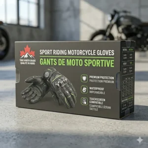 Sport riding motorcycle gloves packaging featuring bilingual English and French Canadian labeling (Gants de moto).