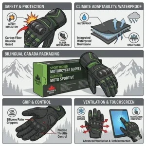 Illustration of carbon fiber knuckle guards on sport riding motorcycle gloves for maximum impact protection.