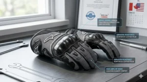 Diagram of mesh motorcycle gloves highlighting carbon fiber knuckle protection and reinforced palms for Canadian riders.