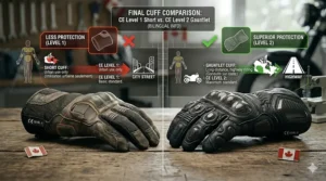 Illustration of short cuff Level 1 gloves versus long gauntlet Level 2 gloves providing wrist protection for Canadian highway riding.