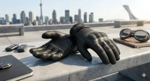 Sleek black ventilated motorcycle gloves designed for café racers and urban commuters in Montreal and Vancouver.