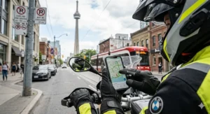 A photorealistic illustration of a motorcyclist in Toronto using a touchscreen smartphone mounted to the handlebars; includes the CN Tower and bilingual English/French signage.