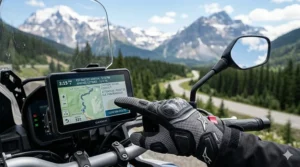 Illustration of a rider using a GPS with touchscreen-compatible mesh motorcycle gloves during a cross-Canada road trip.