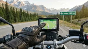 Alt text for image 6: A motorcyclist using a GPS device with touchscreen-compatible motorcycle gloves during a cross-country Canadian tour.