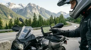Textile motorcycle gloves with touchscreen-compatible fingertips, ideal for navigating GPS routes across Canada.