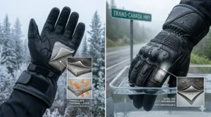 Long-cuff gauntlet motorcycle gloves designed for long-distance touring comfort on Canadian highways.