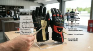 A technical sizing guide for track day gloves showing hand circumference measurements in centimeters and inches for Canadian customers.