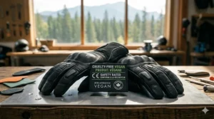 Close-up of vegan motorcycle gloves showing safety certifications and bilingual English-French labels.