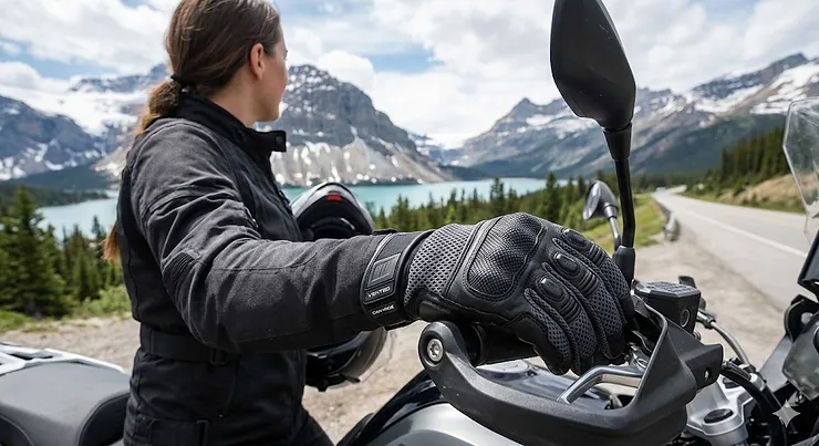 A rider wearing ventilated motorcycle gloves while cruising through the Canadian Rockies on a sunny summer day.
