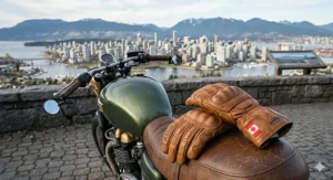 Classic tan vintage leather motorcycle gloves ideal for urban riders and café racer enthusiasts in British Columbia.