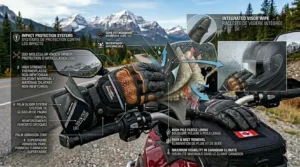 Detail illustration of an integrated finger visor wipe on Gore-Tex motorcycle gloves for clear vision during rainy rides in British Columbia.