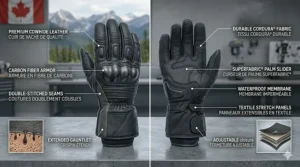Technical illustration of insulated gauntlet motorcycle gloves featuring Thinsulate lining for cold Canadian spring and fall riding.