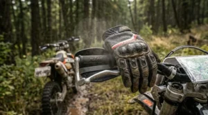Gants de moto hors-route (off-road motorcycle gloves) with waterproof coating for muddy Quebec trails.