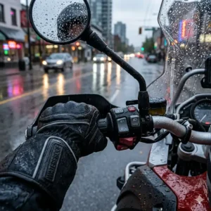 Close-up of waterproof touring motorcycle gloves gripping handlebars during a rainy ride in Vancouver, BC.
