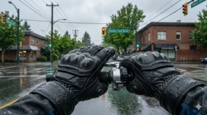Alt text for image 2: Close-up of waterproof motorcycle gloves for long rides during a rainy commute in Vancouver, British Columbia.