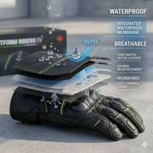 Waterproof sport riding motorcycle gloves designed for the unpredictable spring weather in British Columbia.