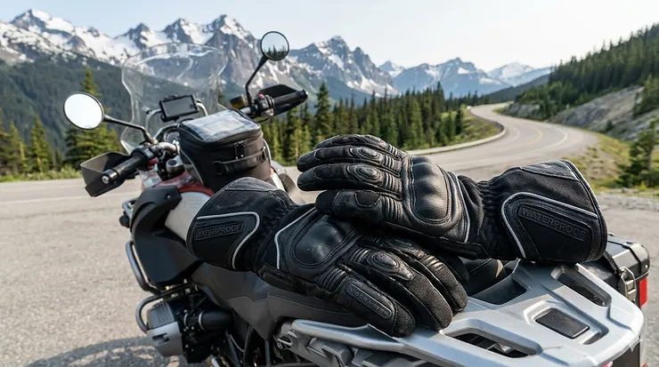 A pair of premium waterproof touring motorcycle gloves resting on a bike seat against a backdrop of the Canadian Rockies.