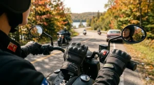 Women's eco-friendly and vegan-certified motorcycle gloves styled for long-distance touring in Ontario.