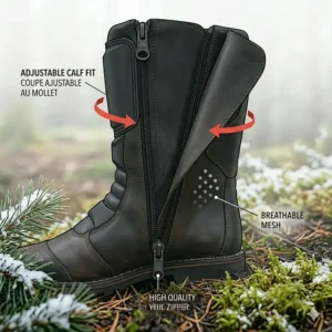 Illustration showing the heavy-duty zipper and hook-and-loop closure system on a pair of black all-season waterproof motorcycle boots.