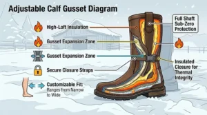 Side-view illustration of an adjustable calf gusset on a winter riding boot, highlighting the thick insulation for sub-zero protection.