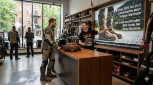 Graphic showing premium motorcycle gear with text in English and French: "Bottes ADV les plus confortables pour longue distance."