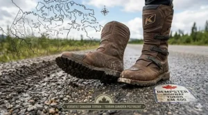 Illustration of motorcycle boots tackling gravel roads in the Yukon and paved highways, showcasing the most comfortable ADV boots for long distance.