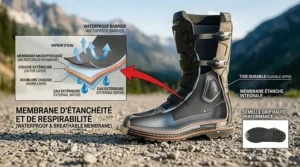 Anatomy diagram of adventure dual sport boots showing ankle and shin protection built for rugged Canadian off-road and gravel road riding.