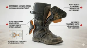 Close-up technical graphic of the adjustable cam-lock buckle system securing rugged waterproof adventure boots for long-distance transcontinental rides.